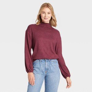 𝅺nwt Women's Long Sleeve‎ High Neck Smocked T-Shirt Burgundy S/M